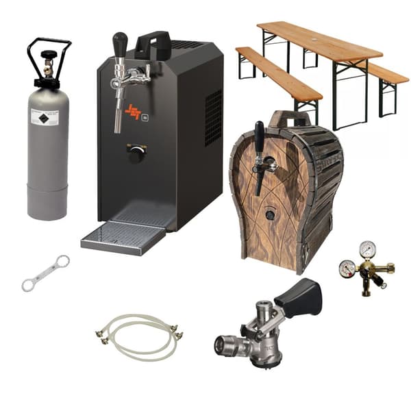 Komplett set - Öltapp, öl resväska waterchiller JET 30 en linje torr kylare, 35 liter/h -Bierkoffer, Fällbart öltält med trätunna, KEG:NC Adapter