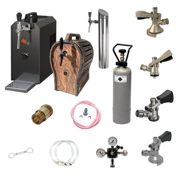 Komplett set under disk - Öltapp JET 30 en linje torr kylare, 35 liter/h -Bierkoffer med trätunna, KEG:5 liters adapter