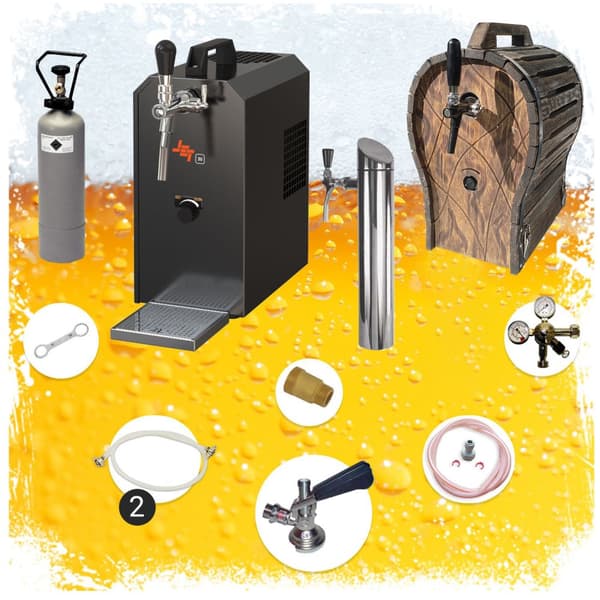 Komplett set under disk - Öltapp JET 30 en linje torr kylare, 35 liter/h -Bierkoffer med trätunna, KEG:5 liters adapter