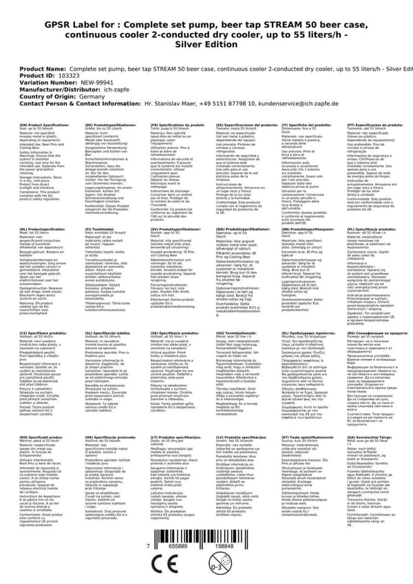 Täydellinen setti - Oluthana - Stream 50 kaksilinjainen kuivajäähdytin, jäähdytin 50 litraa/h, KEG: Type D, KEG 2: Type M