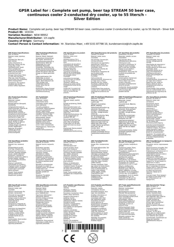 Täydellinen setti - Oluthana - Stream 50 kaksilinjainen kuivajäähdytin, juoksujäähdytin 50 litraa/h, KEG: Type M, KEG 2: Type G