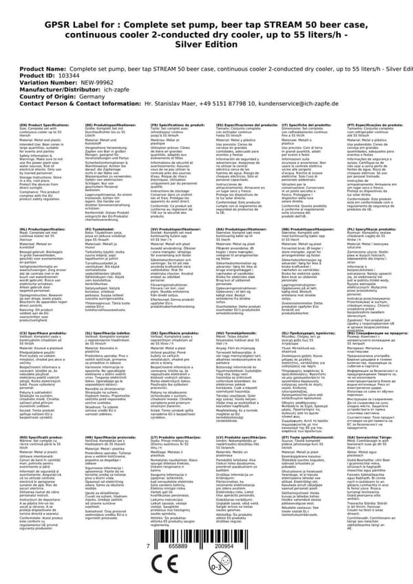 Täydellinen setti - Oluthana - Stream 50 kaksilinjainen kuivajäähdytin, jäähdytin 50 litraa/h, KEG: Type A, KEG 2: Type A