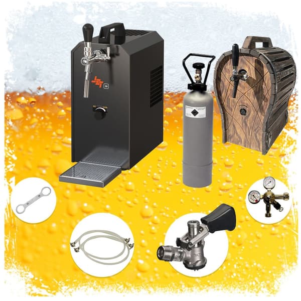 Komplett set - Öltapp, Öldispenser, Ölmaskin, Ölautomat JET 30 1-linje torr kylare, 35 liter/h -Bierkoffer med trätunna, KEG:utan
