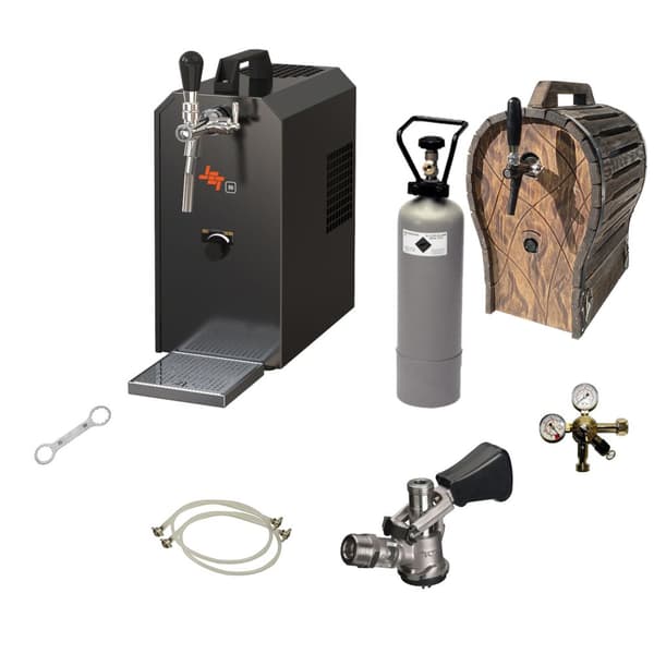 Komplett set - Öltapp, Öldispenser, Ölmaskin, Ölautomat JET 30 1-linje torr kylare, 35 liter/h -Bierkoffer med trätunna, KEG:utan