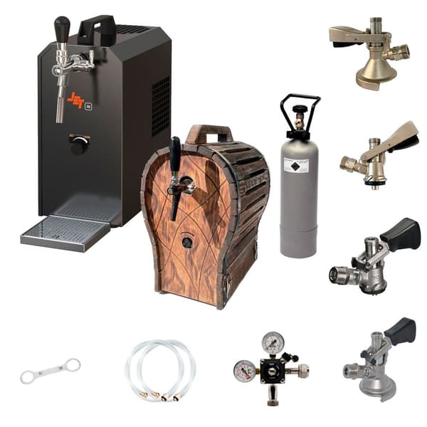 Komplett set - Öltapp, Öldispenser, Ölmaskin, Ölautomat JET 30 1-linje torr kylare, 35 liter/h -Bierkoffer med trätunna, KEG:utan