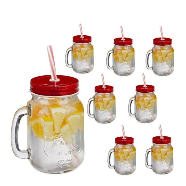 Relaxdays cocktailglas med lock och inkluderad sugrör, Set om 8, 500 ml, retro stil, sommarmotiv, med handtag, röd