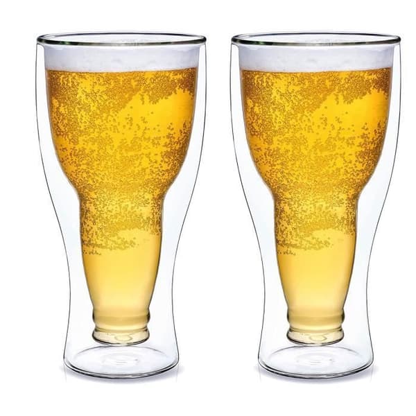 2st Verre för öl med dubbelvägg upp och ner - transparenta dubbelväggiga muggar 250 ml för öl, drycker, kaffe