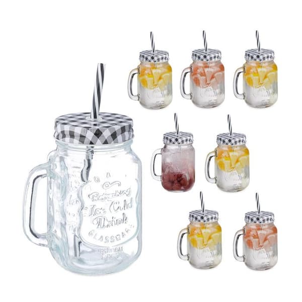 Relaxdays cocktailglas med lock och sugerör inkluderat, Set om 8, 500 ml, retrostil, somrig, med handtag, svart