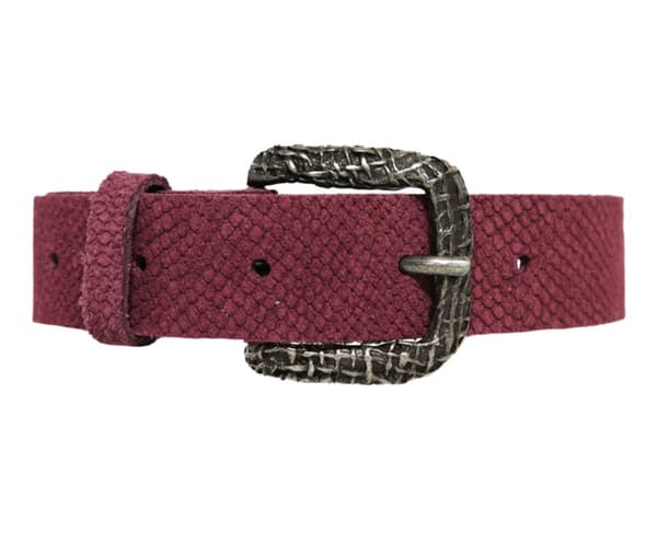Vinrött 25mm croccomönstrat  damskärp i kalvläder 90 cm (midjemått)