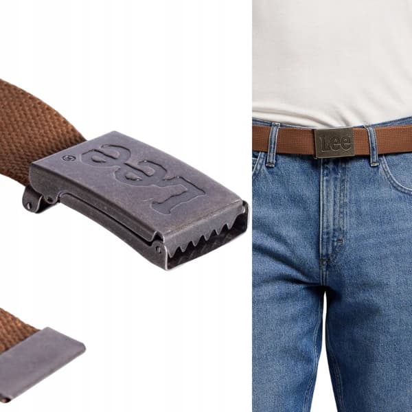 Lee WEBBING BELT Acorn BRUN RÖTT BÄLTE MED HELT SPÄNN MED LOGOTYP Storlek 90 cm