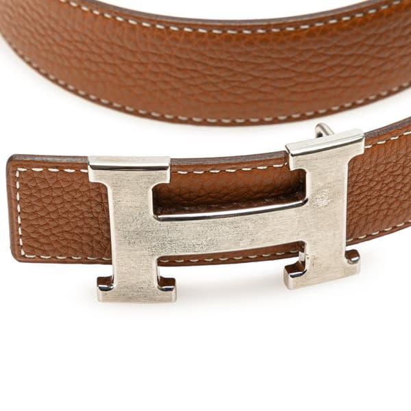 Pre-owned Hermès Togo and Box Calf Constance H Reversible Belt Brown