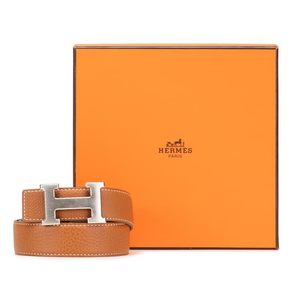Pre-owned Hermès Togo and Box Calf Constance H Reversible Belt Brown