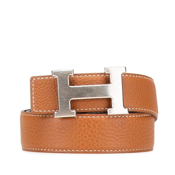 Pre-owned Hermès Togo and Box Calf Constance H Reversible Belt Brown