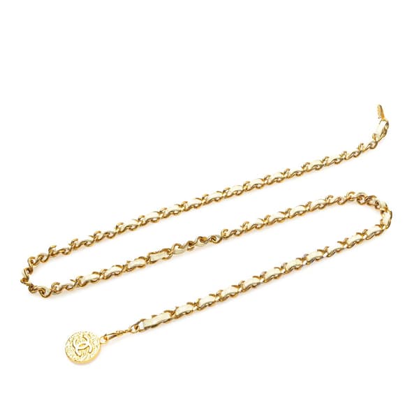 Pre-owned Chanel Gold Plated Medallion Leather Woven Chain Belt Gold