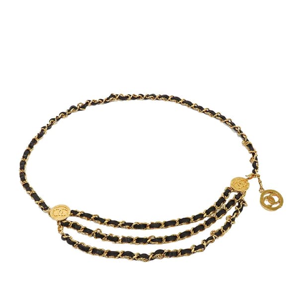 Pre-owned Chanel Gold Plated CC Medallion Leather Woven Chain Belt Gold