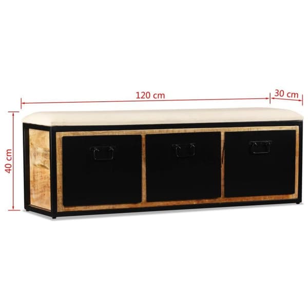 vidaXL Förvaringsbänk med 3 lådor massivt mangoträ 120x30x40 cm