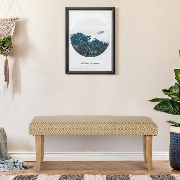 WOMO-DESIGN Bench Padded Palma Fabric Cover, 120 x 48 x 40 cm, træ ser hvidguld, træben Unikt Landhus-stil Retro Sædebetrukket Bench Hallbank