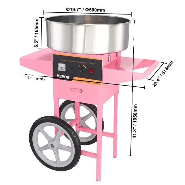 Sockervaddsmaskin, kommersiell kvalitet, rostfri stålskål Pink with Cart