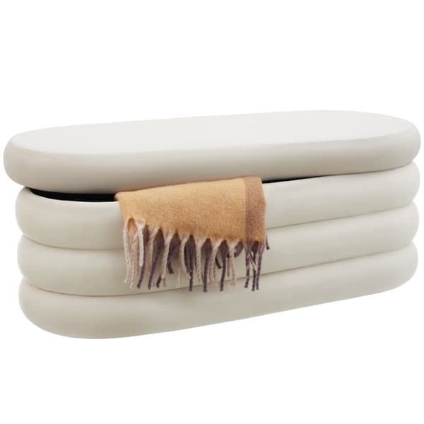 Puf Altu med stort opbevaringsrum - Velour look creme-hvid