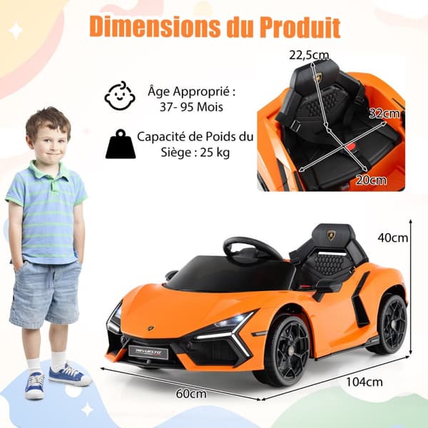 Elektrisk bil til børn, Lamborghini Revuelto, 105x60x40 cm, Orange
