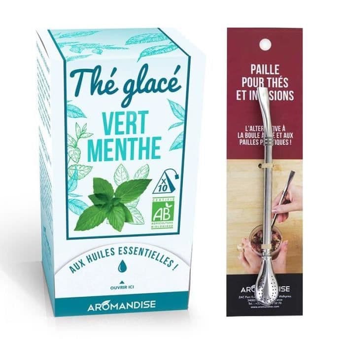 Grönt iste med ekologisk mynta + sugrör av rostfritt stål med filter