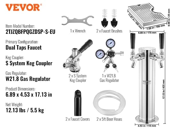 VEVOR Kegerator-tornisarja, ruostumattomasta teräksestä, kaksoismittariregulaattori,2 hanan S tiputusastia