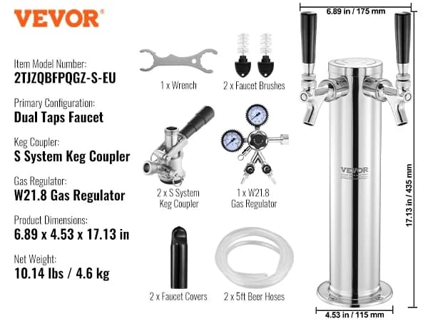 VEVOR Kegerator-tornisarja, ruostumattomasta teräksestä, kaksoismittariregulaattori,2 hanan S tiputusastia