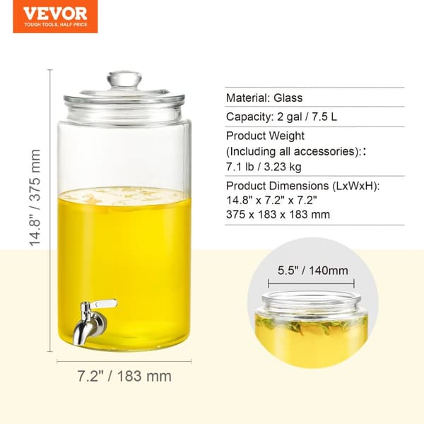 Drikkevare Dispenser, 2 Gallon Kapacitet, Holdbart Glas Design, Nemt-Hæld Rustfrit Stål Spigot,2 gallon