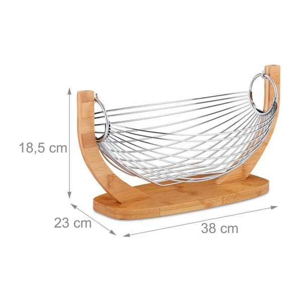 Relaxdays Fruktkorg Hängmatta bambu, rostfria stänger, Gunga, design galler dekoration, 18,5 x 38 x 23 cm, natur/silver