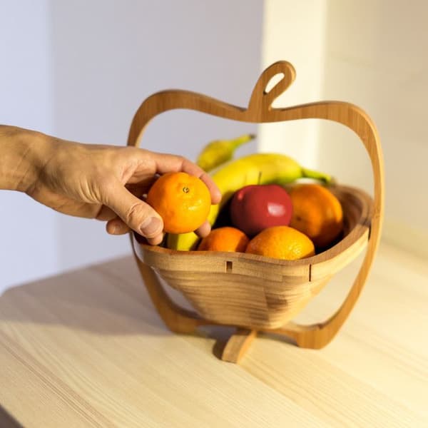 Relaxdays Fruktskål, formad som ett äpple, bambu, frukthållare, HxLxB: ca 30 x 27 x 22,5 cm, trä, träfärg