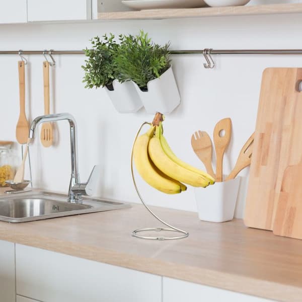 Relaxdays stöd för bananer med rund bas, krok för bananer, fruktställ, bananer, vindruvor, i förkromad järn, silverfärgad