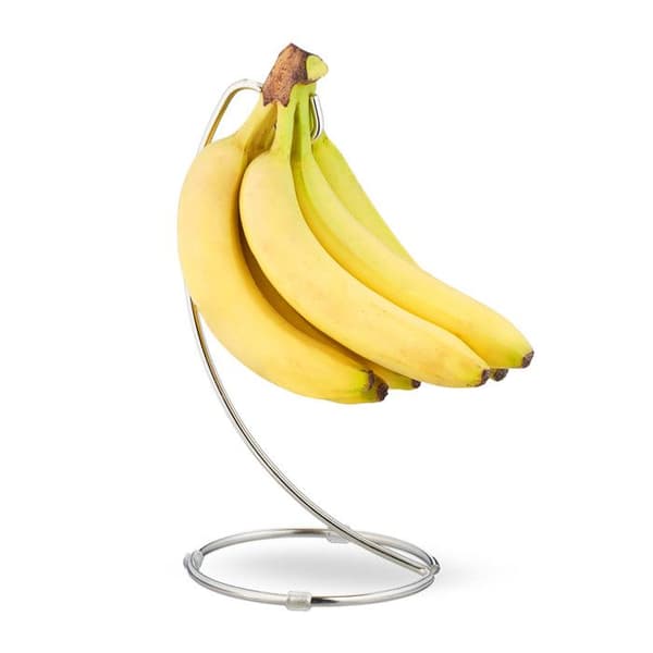 Relaxdays stöd för bananer med rund bas, krok för bananer, fruktställ, bananer, vindruvor, i förkromad järn, silverfärgad