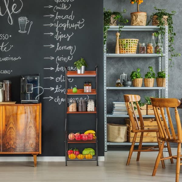 Relaxdays Kökshylla, 5 nivåer, frukt- och grönsakskorgar, för tillbehör, smal, metall och MDF, svart