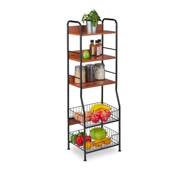 Relaxdays Kökshylla, 5 nivåer, frukt- och grönsakskorgar, för tillbehör, smal, metall och MDF, svart