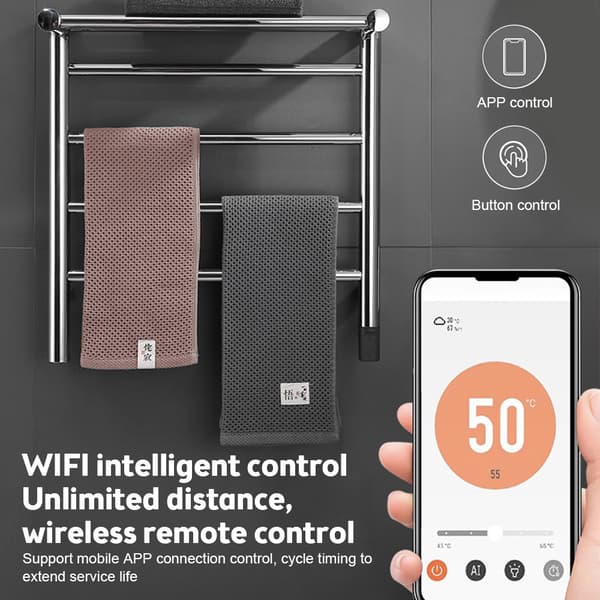 WiFi-sähkölämmitteinen pyyhekuivain, nopea lämmitys 3 minuutissa, säädettävä lämpötila 45-65 °C,Vaaleanharmaa