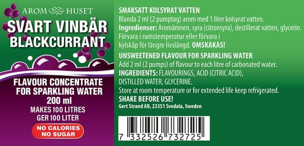 Bordsvattenarom 200 ml Svartvinbär pumpflaska, 100L