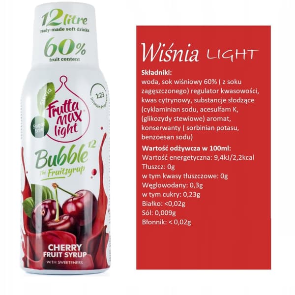 kpl FruttaMax Cherry Light -tiivistettä, 500 ml.