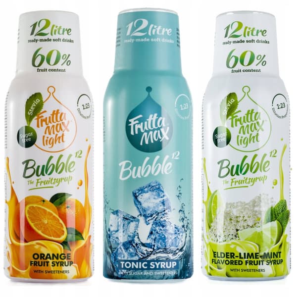 Kolmen FruttaMax-konsentraatin setti Oranssi + Tonic + Lime Mint ilman