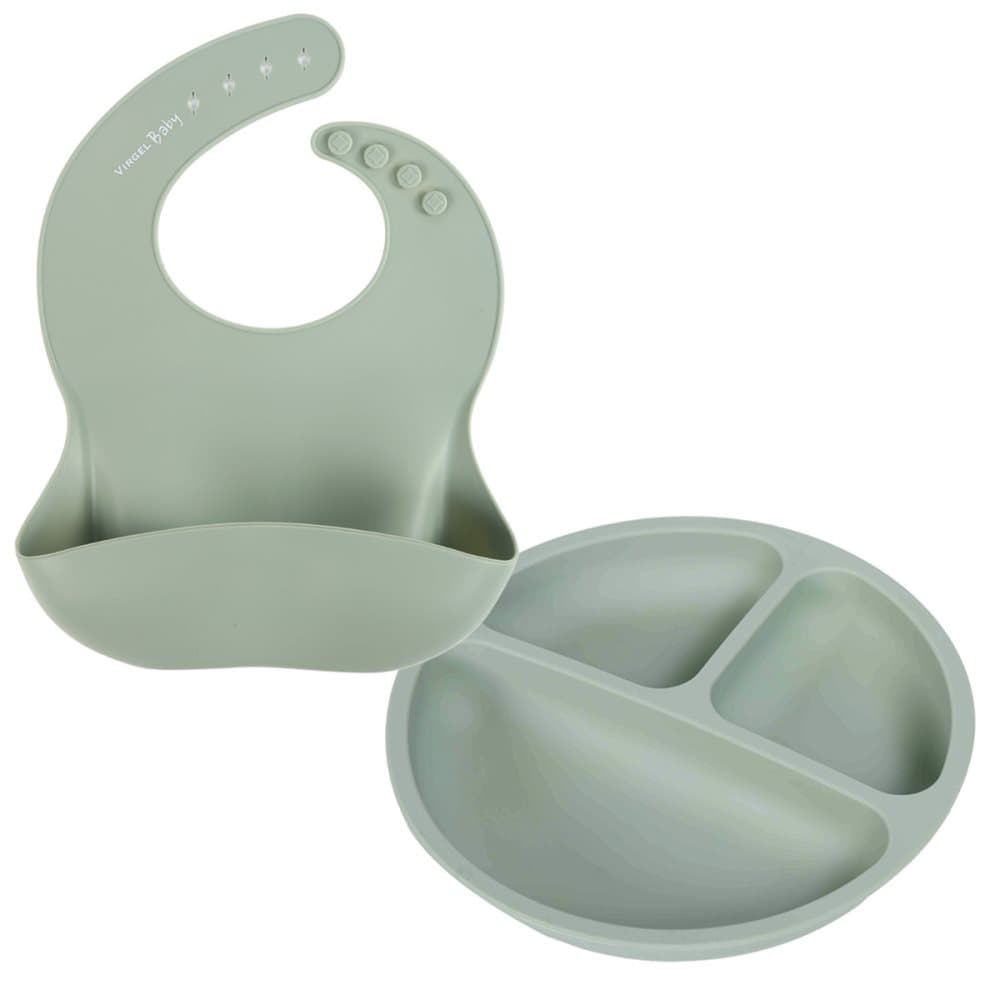 Set med haklapp och tallrik i silikon - pistagegrön