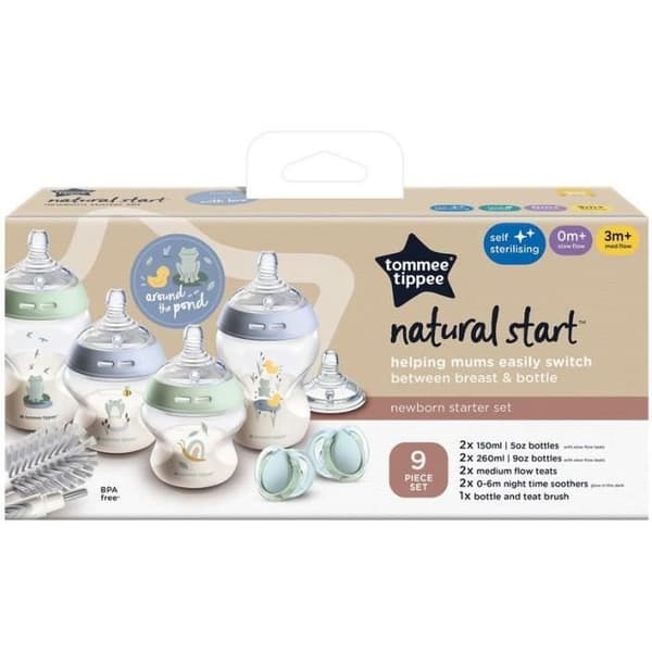Tommee Tippee Flaskset Nyfödd Natural Start, Napp, Anti-Kolik, Självsteriliserande, Blå