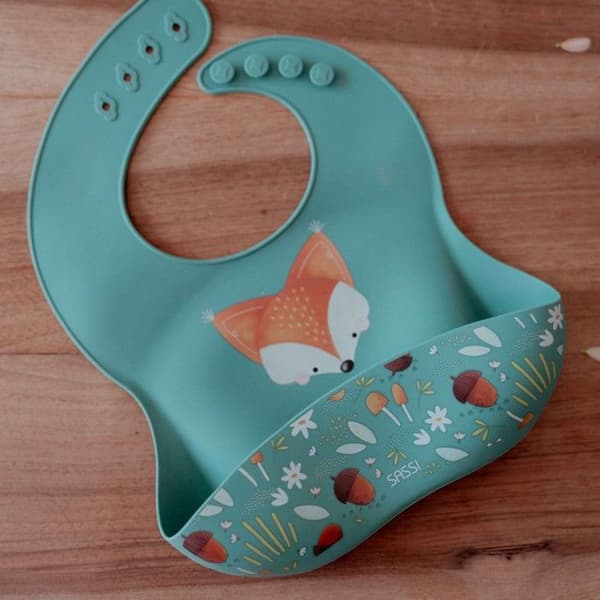 Bib med uppsamlingsfickor i silikon Djur 30 x 22 cm Grön Påfågel RÄV