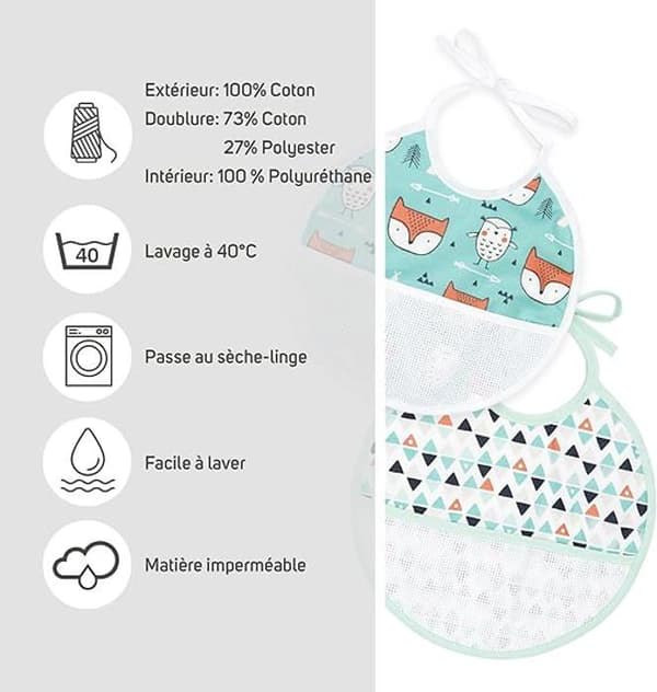 TI-TIN | Pack med 4 haklappar i korsstygn | 19x19 cm | Haklappar i bomull | Mjuk känsla och frottéfoder.