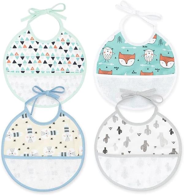 TI-TIN | Pack med 4 haklappar i korsstygn | 19x19 cm | Haklappar i bomull | Mjuk känsla och frottéfoder.