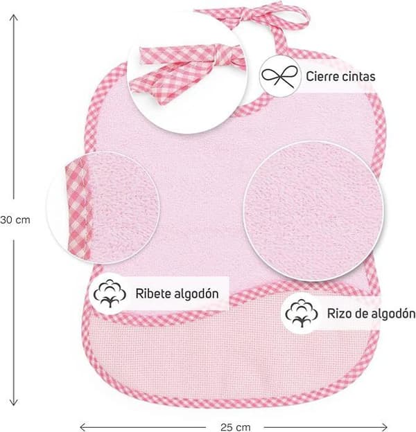 TI-TIN - Pack med 3 haklappar i korsstygn | Färg rosa | dimensioner 25x30 cm | Med snörstängning för enklare användning.