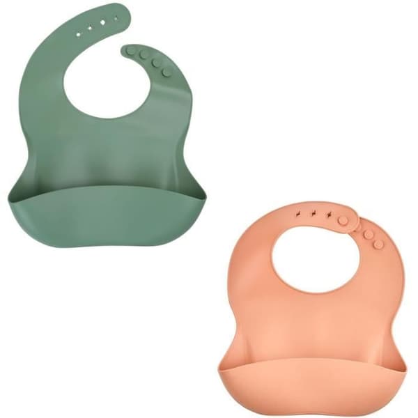 Set med 2 haklappar - THERMOBABY - Silikon - Kaktusgrön och Persika - Vattentåliga och justerbara