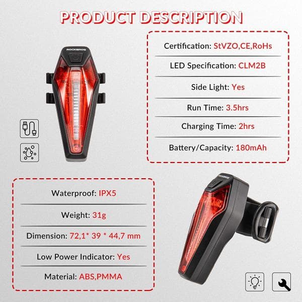 ROCKBROS cykelbaglygte IPX5 StVZO certificeret 20 lux