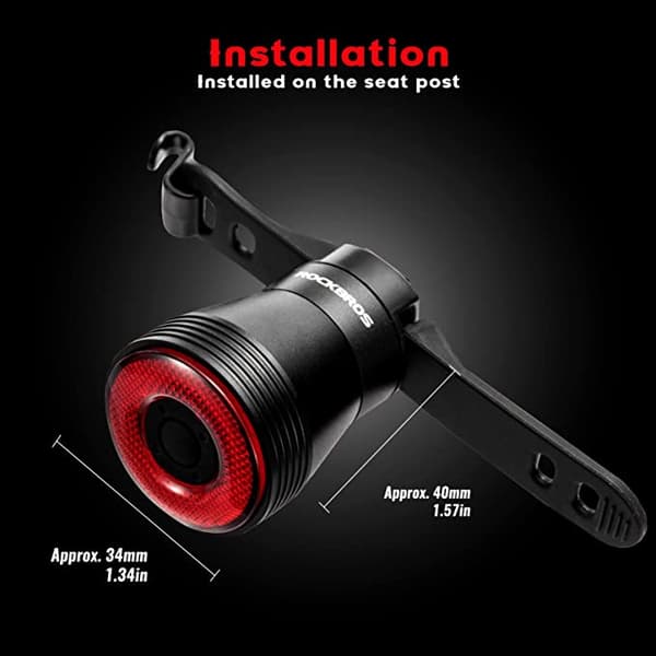 ROCKBROS Smart genopladelig cykelbaglygte 60 lumen 4 tilstande IP65 vandtæt med automatisk tænding Dobbelt holder