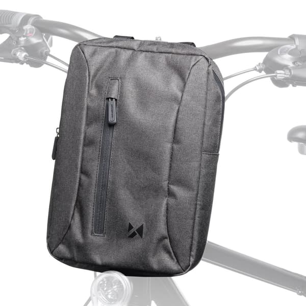 Grå cykeltaske til tablet fastgjort til styret med en skulderrem
