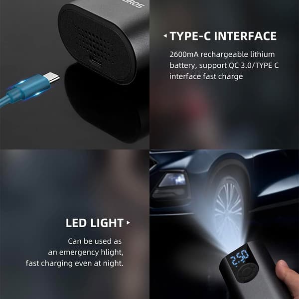 Elcykelpump motor autokula 10 bar med LED display + USB-C kabel, svart