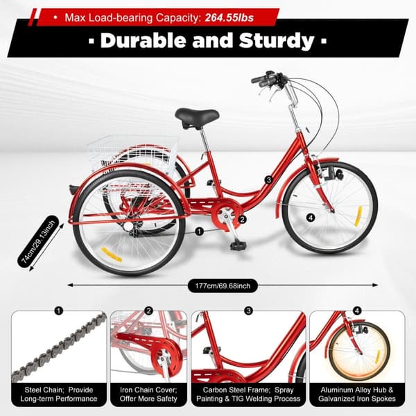 : 24 Tommer Voksen Tricycle, 6 Gear System, Stærk Kulstofstålramme,Rød 24 tommer
